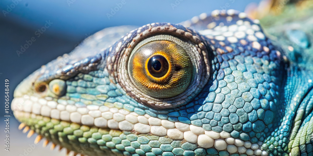 Fototapeta premium The lizard, with its vivid blue coloration and detailed scales, basks in the sunlight, revealing its unique eye structure against a blurred natural backdrop