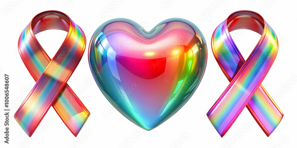 Fototapeta premium 3D Holographic Celebration Podium Concept with Joyful Elements for World AIDS Day, Ample Copy Space, and Iconic Design on White Background