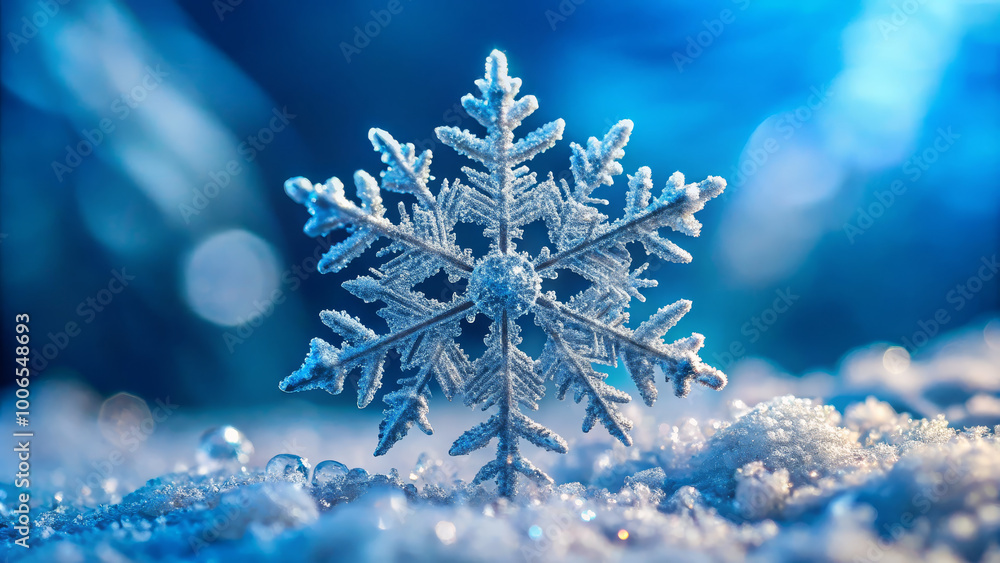A delicate snowflake is perched on a sparkling layer of snow, surrounded by a tranquil winter atmosphere. The blue lighting enhances the icy beauty of the scene A delicate snowflake is perched on a sparkling layer of snow, surrounded by a tranquil winter atmosphere. The blue lighting enhances the icy beauty of the scene