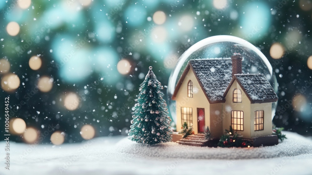 Snow globe with winter landscape, decorated Christmas tree, and cozy home. Magical holiday feel. Snow globe with winter landscape, decorated Christmas tree, and cozy home. Magical holiday feel.