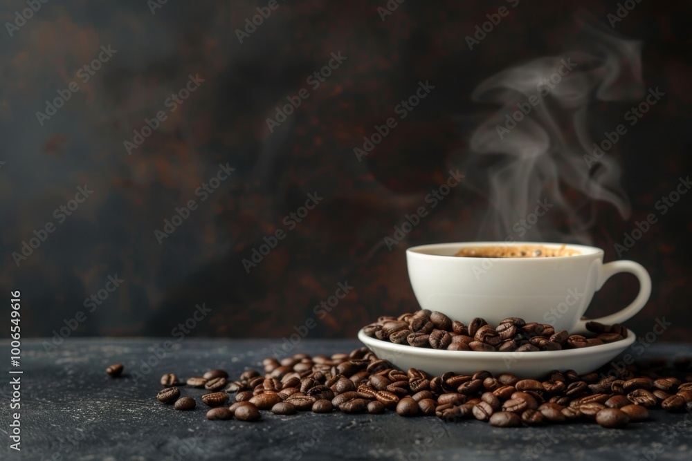 Fototapeta premium Steaming Black Coffee Cup with Roasted Beans on Rustic Wooden Table