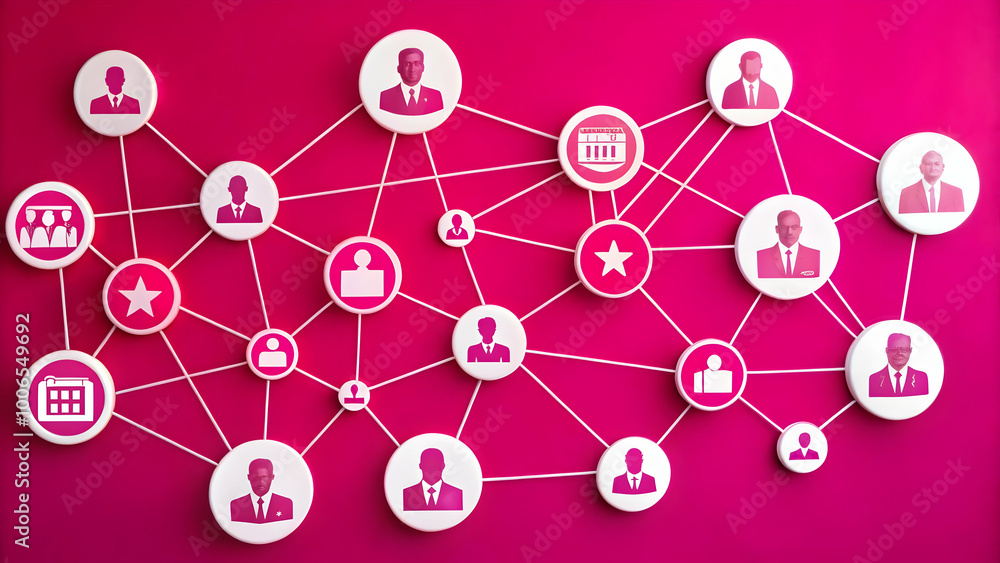 Networking Web of Voters: Vector Illustration Displaying Diverse Voter Icons Interconnected in Democracy, Pulsing Lines for Infographics - Isolated on White Background Networking Web of Voters: Vector Illustration Displaying Diverse Voter Icons Interconnected in Democracy, Pulsing Lines for Infographics - Isolated on White Background