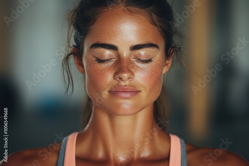 A tranquil young woman fully immersed in meditation, highlighting peace and focus, dressed in sporty attire, set against a blurred gym backdrop. Free Download A tranquil young woman fully immersed in meditation, highlighting peace and focus, dressed in sporty attire, set against a blurred gym backdrop. - GFXLoad