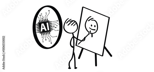 Cartoon mascotte, and self-portrait and easel with Artificial intelligence AI pictogram. Drawing, paint and ai generated and circuit board. Search, explore tools. Search pictogram or logo. Motherboard
