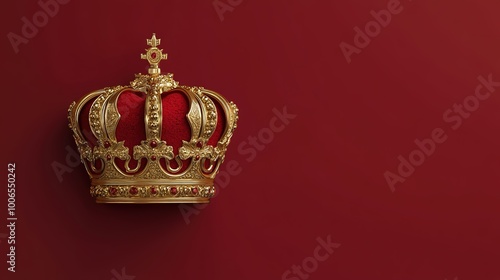 A striking image featuring a round gold crown prominently displayed against a rich red background. The crown's intricate design and lustrous finish contrast beautifully with the bold red,