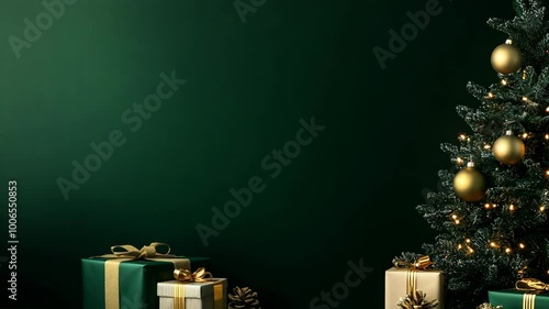A green background with a Christmas tree and gift boxes, in a minimalist style.