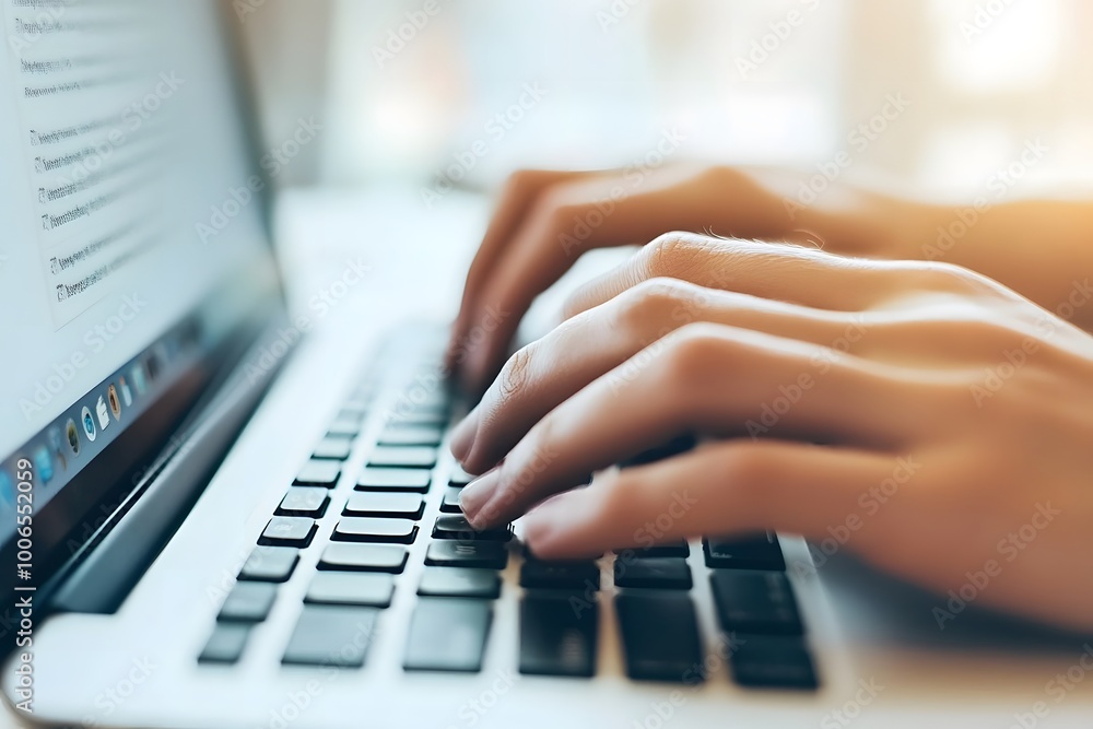 Close-up of hands typing on a laptop keyboard, with a blurry background. Generative AI. Close-up of hands typing on a laptop keyboard, with a blurry background. Generative AI.