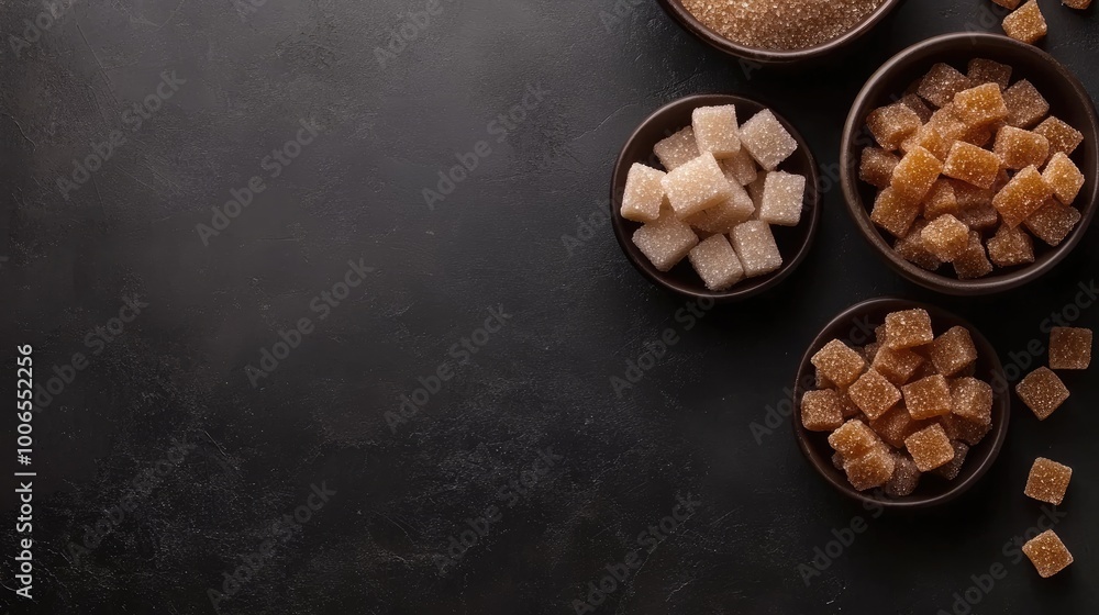 Obraz premium Cane sugar, refined sugar cubes, and candy in bowls on a black backdrop, with space for text or branding.