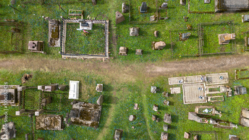 Tableau sur toile Aerial View of a Tranquil Cemetery with blue flowers