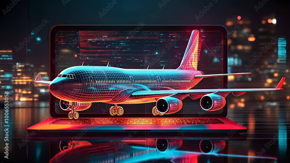 3D Airplane Model Emerging from Laptop Screen in Futuristic Digital Environment
3D Airplane Model Emerging from Laptop Screen in Futuristic Digital Environment