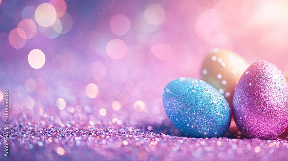Close-up macro shot of colorful chocolate Easter eggs on a glittery background, with space for text or design. Close-up macro shot of colorful chocolate Easter eggs on a glittery background, with space for text or design.