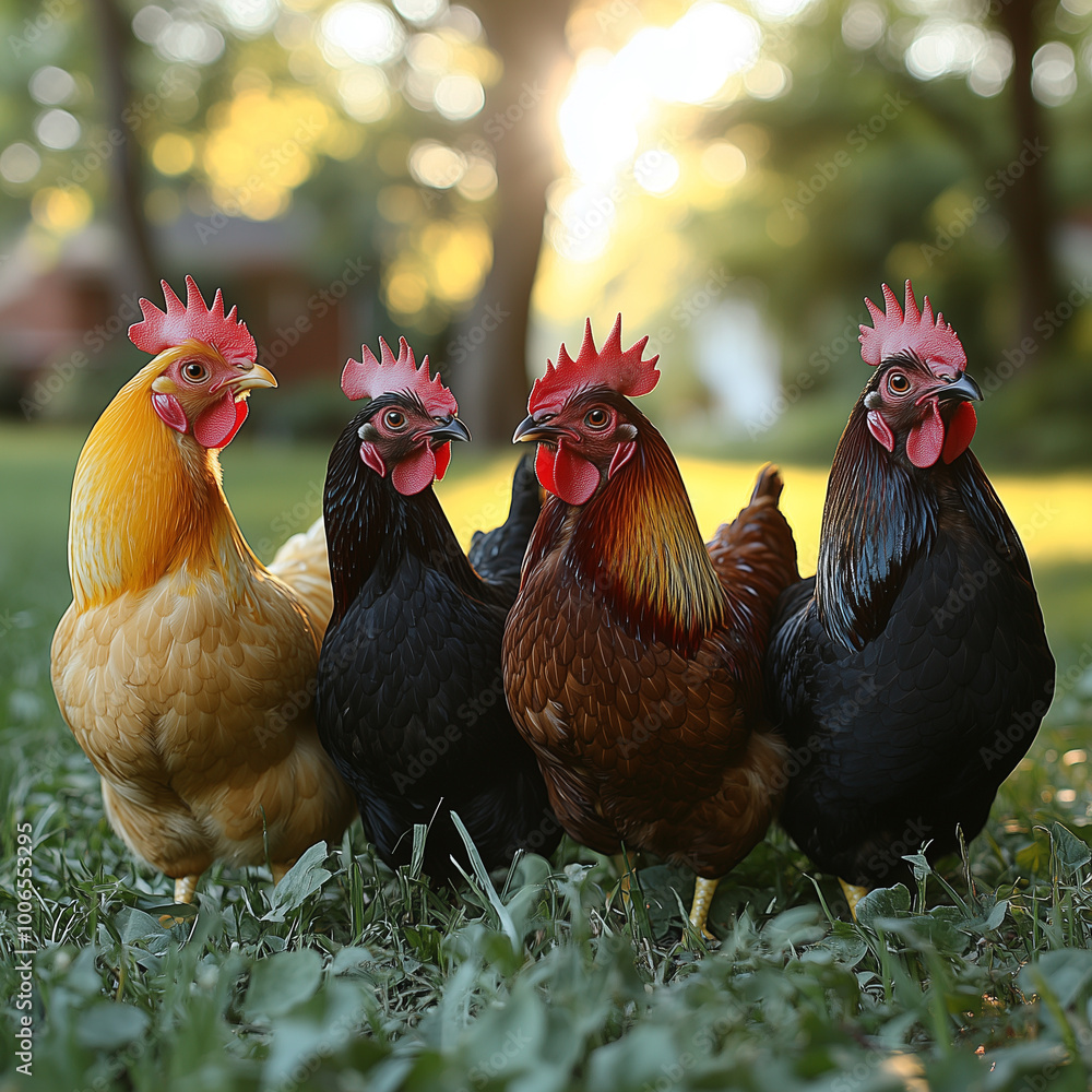 Fototapeta premium chickens and a rooster standing in the grass