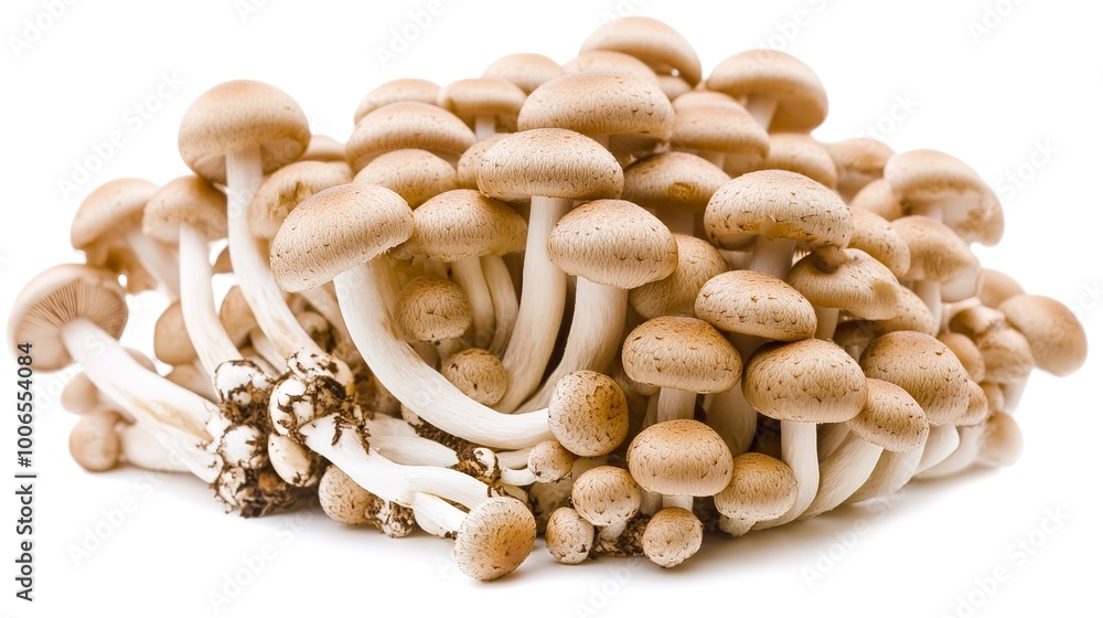 A cluster of shimeji mushroom bunches isolated on a white background  