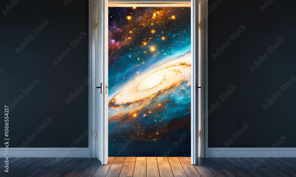 A white door opens to reveal a swirling galaxy filled with stars. It represents the vastness of the universe and the endless possibilities that lie beyond our everyday reality. A white door opens to reveal a swirling galaxy filled with stars. It represents the vastness of the universe and the endless possibilities that lie beyond our everyday reality.