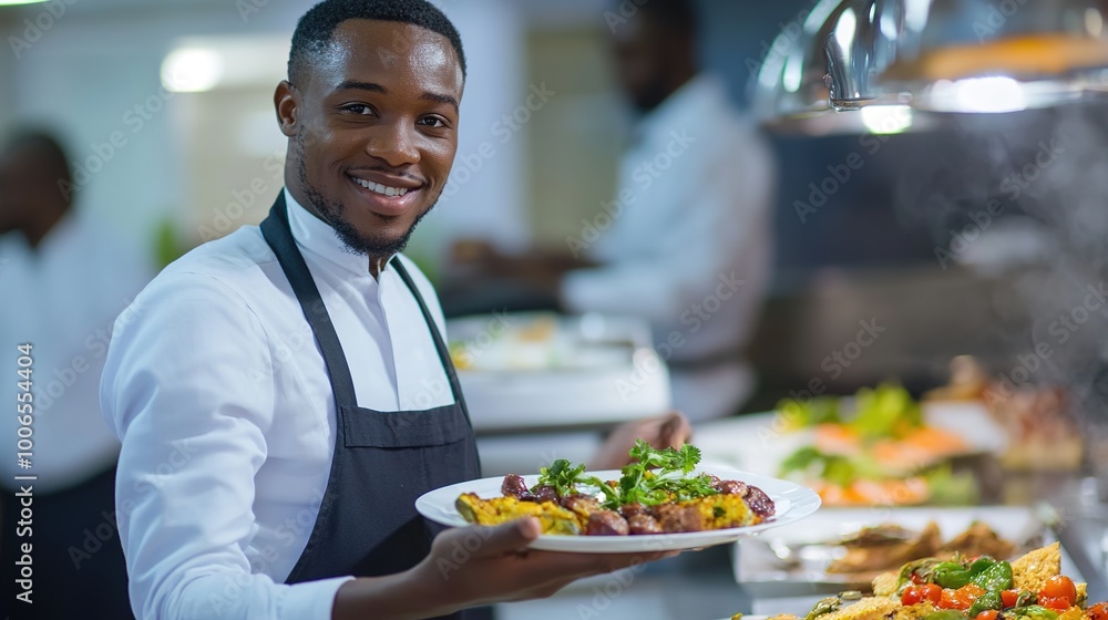 Sophisticated catering services showcased by a professional African waiter, elegantly presenting a beautifully arranged table with gourmet dishes. The waiter, dressed in a stylish uniform Sophisticated catering services showcased by a professional African waiter, elegantly presenting a beautifully arranged table with gourmet dishes. The waiter, dressed in a stylish uniform