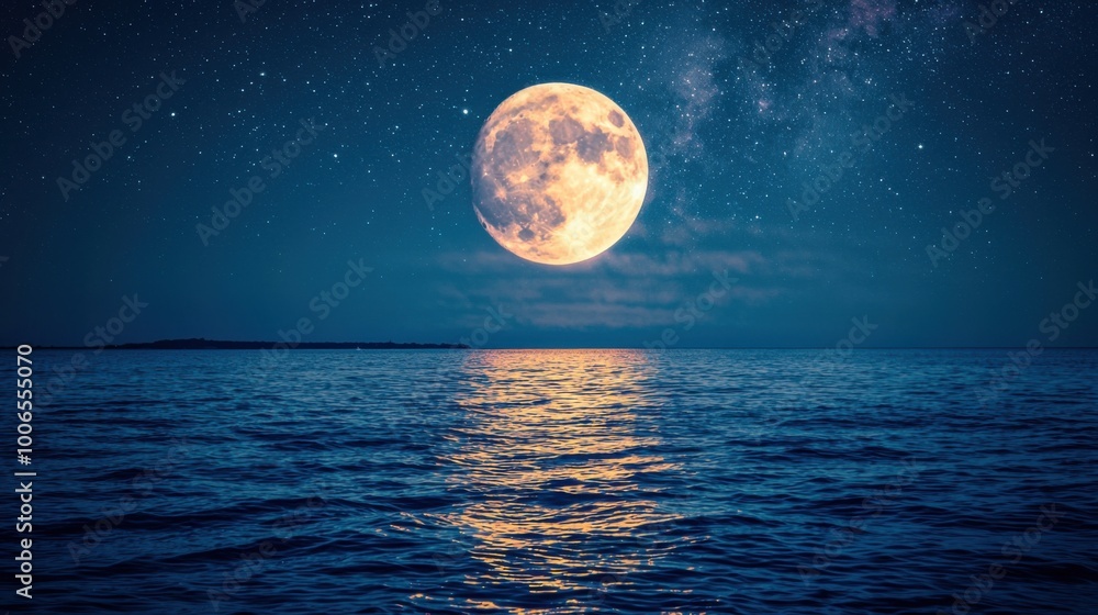 Mesmerizing full moon rising over tranquil ocean waters, casting a golden reflection amid a starry night sky Mesmerizing full moon rising over tranquil ocean waters, casting a golden reflection amid a starry night sky