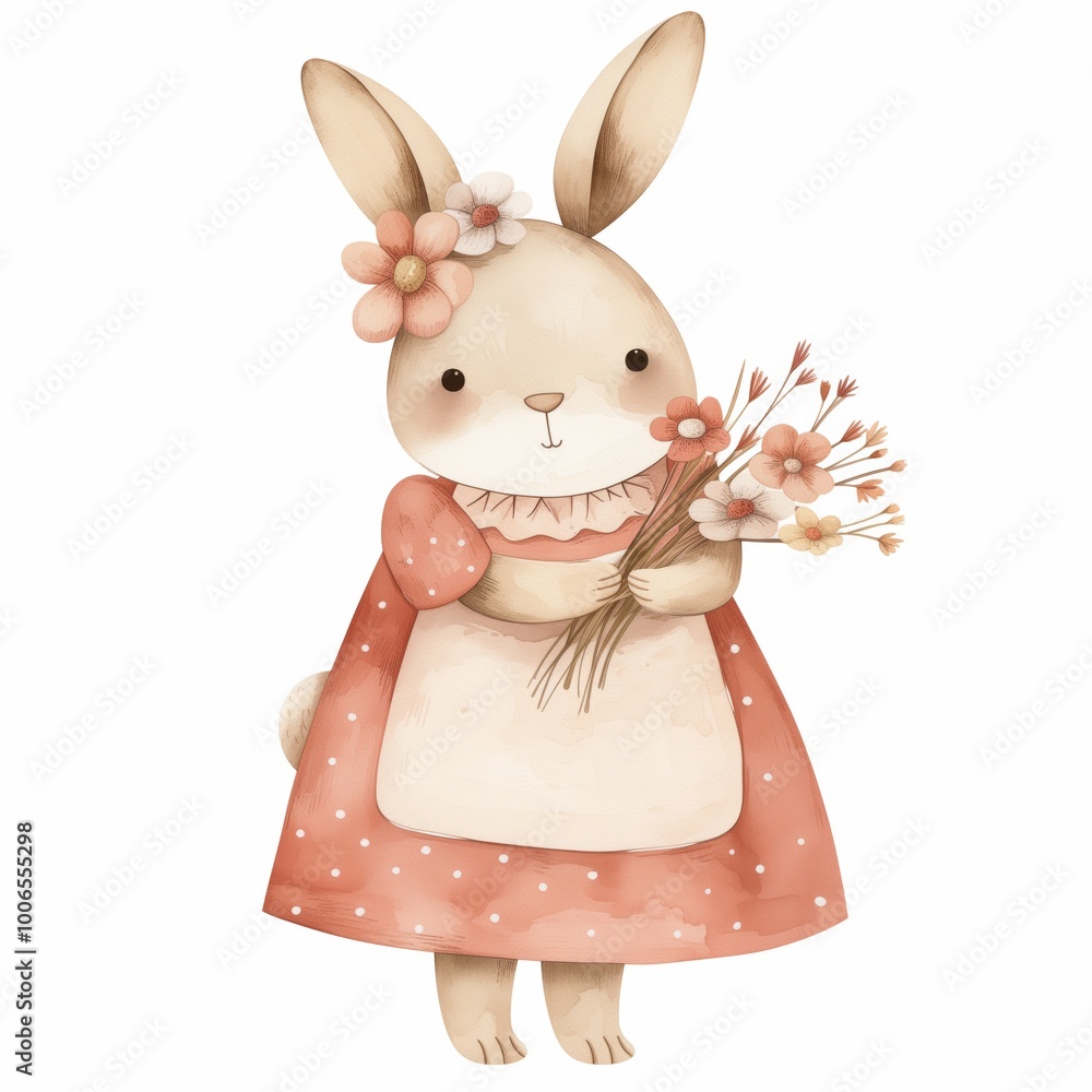 Obraz premium Cute bunny character in a floral dress holding a bouquet of wildflowers