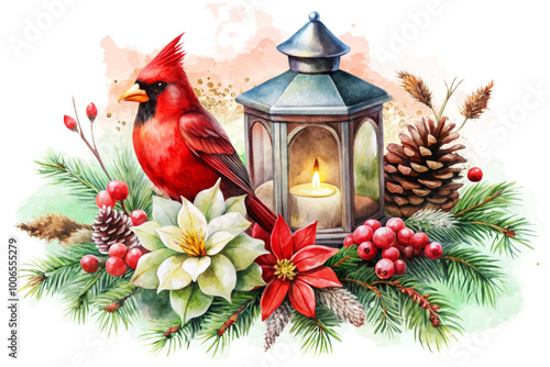 Red Cardinal Amidst Holiday Decorations and Lantern