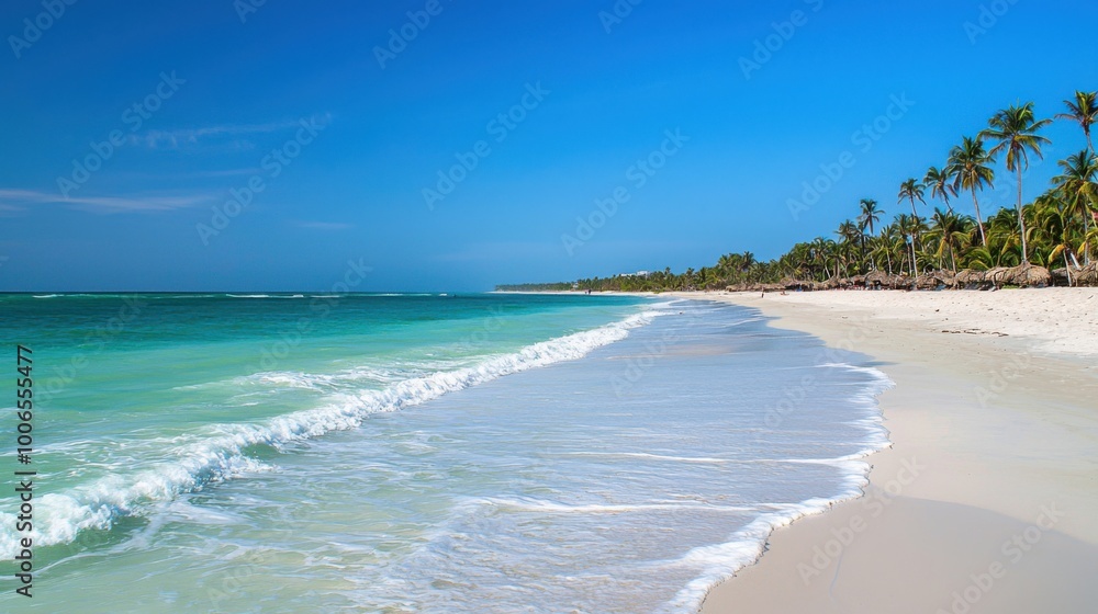 Pristine tropical beach with turquoise waters, white sand, and palm trees under a clear blue sky Pristine tropical beach with turquoise waters, white sand, and palm trees under a clear blue sky