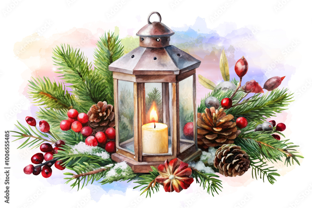 Rustic Lantern with Candle and Pine Decorations Rustic Lantern with Candle and Pine Decorations