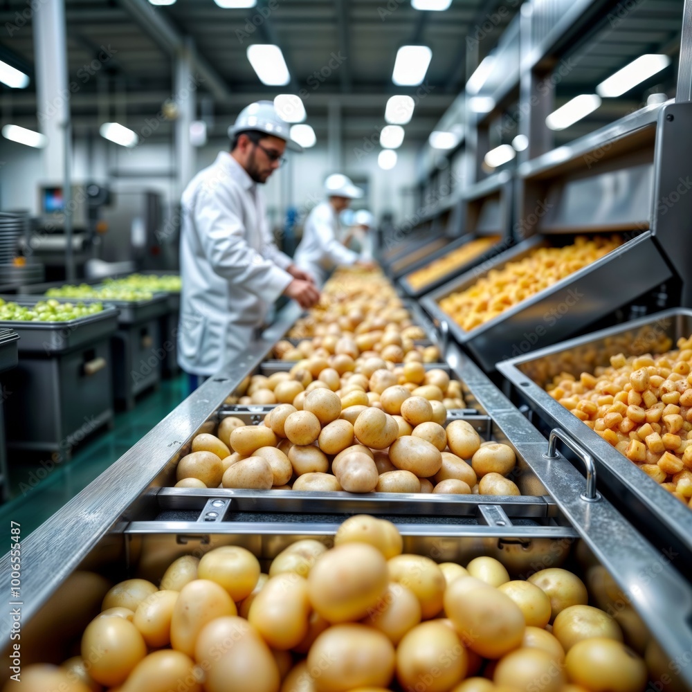 Potato processing plant. Workers in white coats and hats sort potatoes on a conveyor belt in a food processing plant.