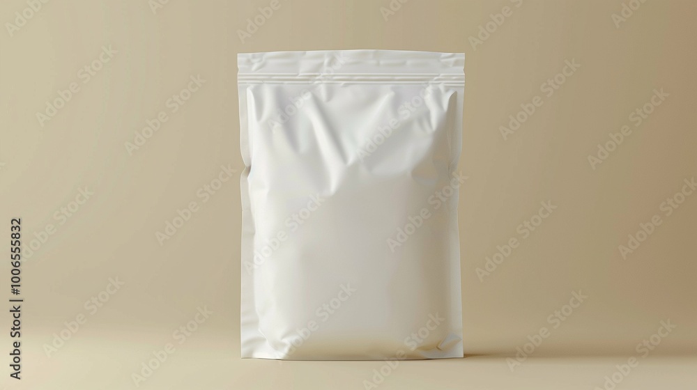 Matte white packaging pouch mockup with sealed top on beige background. Minimalist retail package template advertising image. Food storage. Zipper bag mock up product photorealistic Matte white packaging pouch mockup with sealed top on beige background. Minimalist retail package template advertising image. Food storage. Zipper bag mock up product photorealistic