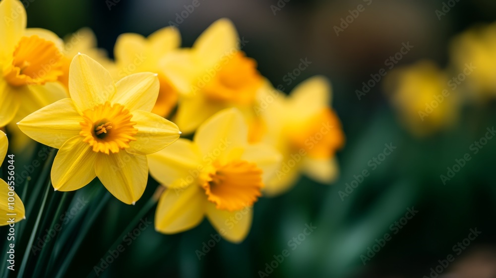 A cluster of vibrant yellow daffodils flourish in a natural garden, surrounded by lush green foliage. The bright blooms create an inviting spring ambiance, adding charm and beauty A cluster of vibrant yellow daffodils flourish in a natural garden, surrounded by lush green foliage. The bright blooms create an inviting spring ambiance, adding charm and beauty