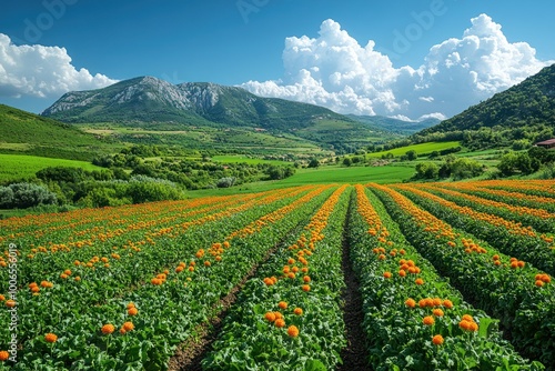 Scenic Landscape with Mountain Range and Flower Fields