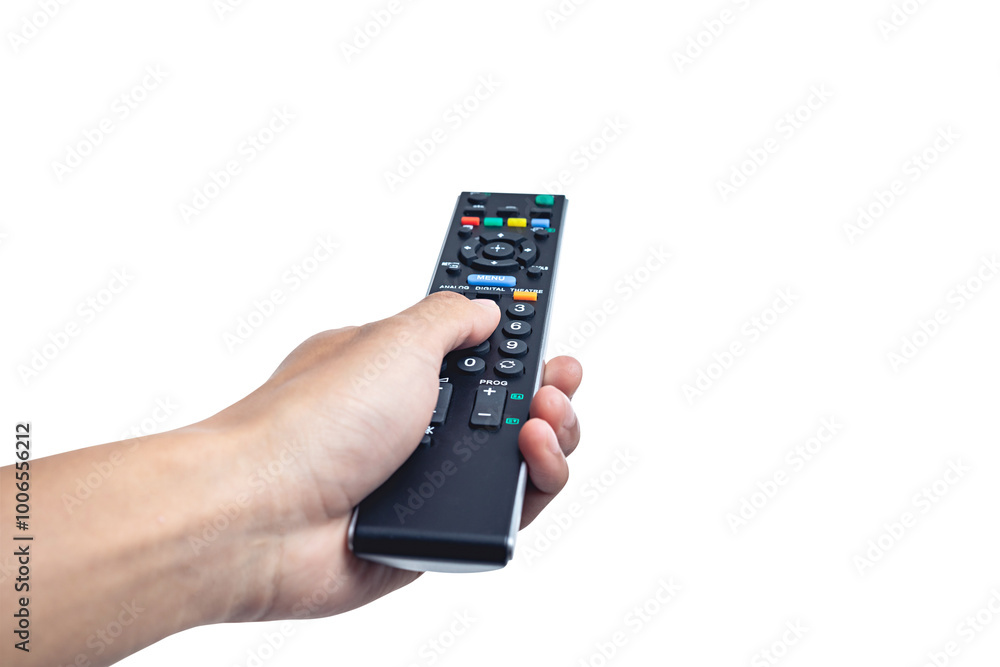 Man hands holding TV remote control isolated on white background with clipping path Man hands holding TV remote control isolated on white background with clipping path