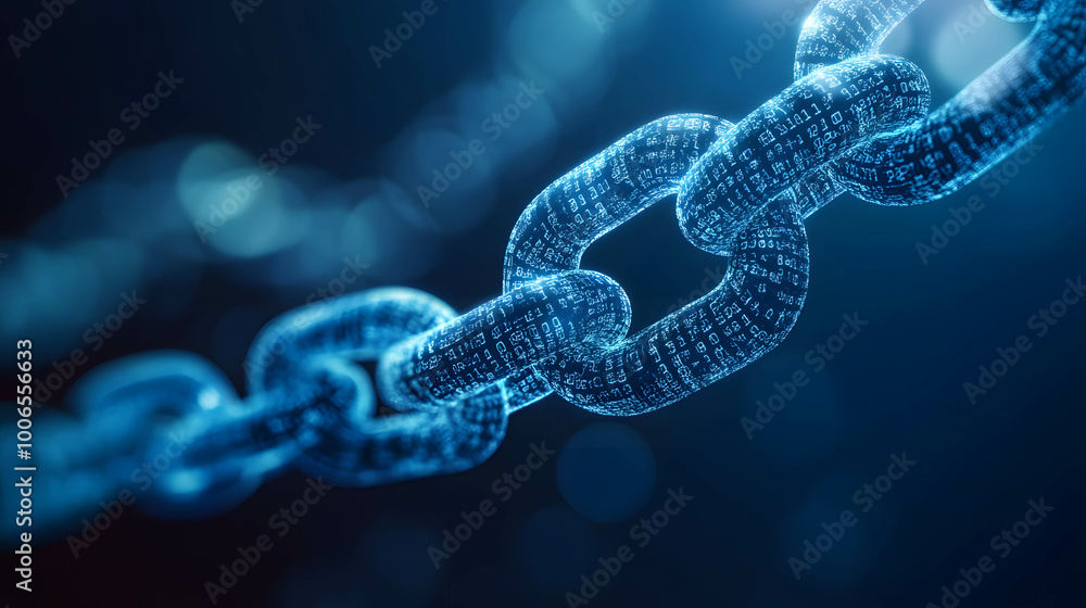 A digital blockchain chain with binary numbers flowing through each block, representing secure data transfer A digital blockchain chain with binary numbers flowing through each block, representing secure data transfer