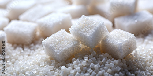 Sugar cubes and granulated sugar are displayed together, showcasing their varying textures and crystalline structures, with light reflecting off their surfaces