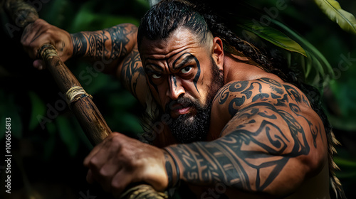 A powerful Maori warrior, adorned with traditional tattoos and feathers, brandishing a taiaha in a dramatic stance, surrounded by lush tropical foliage. Maori warrior in a dramatic stance.


 photo