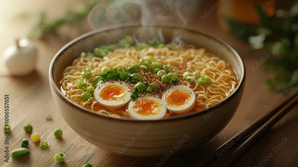 A bowl filled with noodles and various vegetables placed on a wooden table. Generative AI A bowl filled with noodles and various vegetables placed on a wooden table. Generative AI
