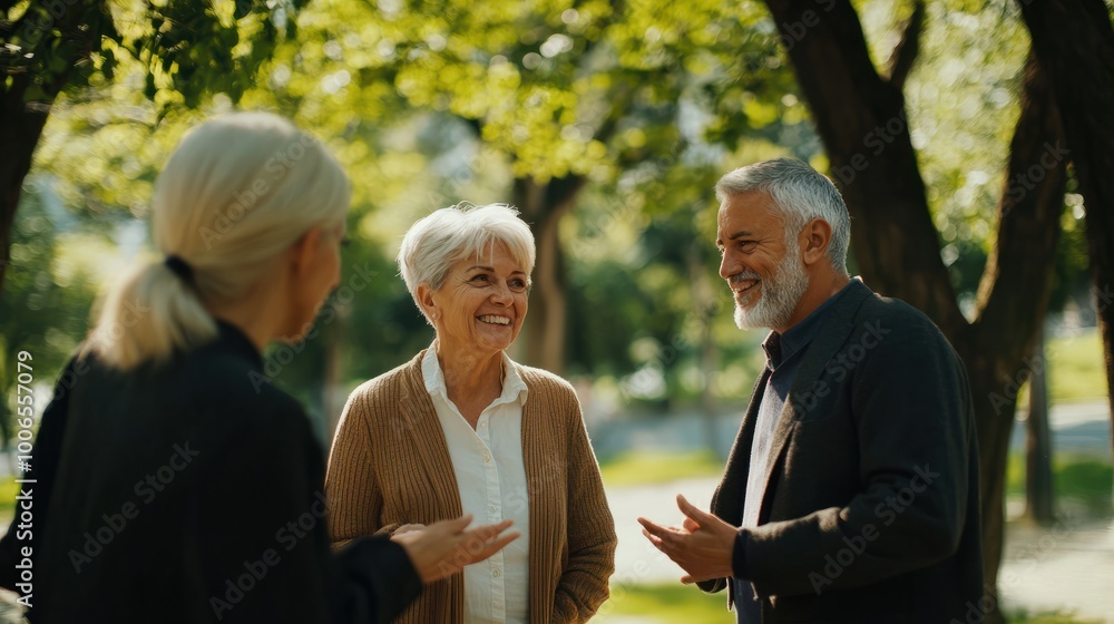 A cheerful older couple is seen in discussion with their financial advisor in a serene park setting surrounded by trees They appear to be engaged in a retirement planning meeting,with the advisor A cheerful older couple is seen in discussion with their financial advisor in a serene park setting surrounded by trees They appear to be engaged in a retirement planning meeting,with the advisor