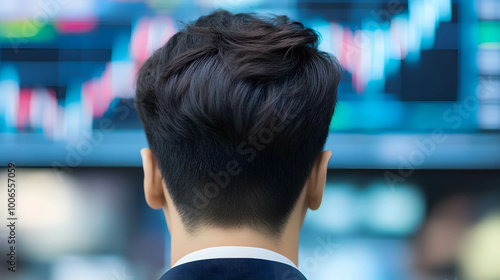 back view of investor or businessman with stock market background.