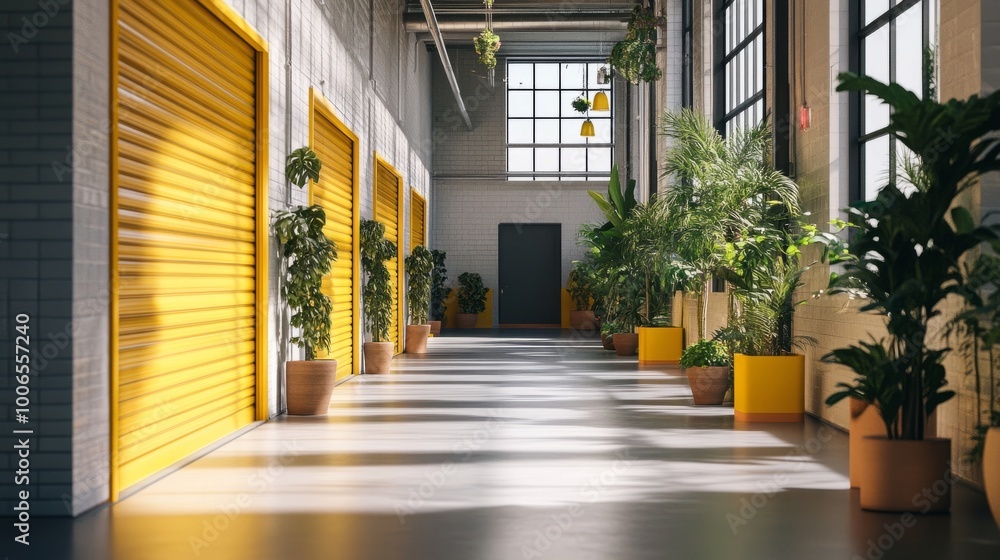 Beautifully designed corridor in a spacious industrial setting, with yellow garage doors and greenery from potted plants, bathed in light from clear windows. Beautifully designed corridor in a spacious industrial setting, with yellow garage doors and greenery from potted plants, bathed in light from clear windows.