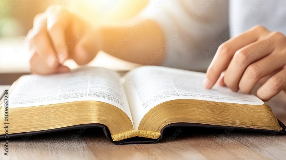 Hands gently clasped over an open Bible on a table, accompanied by a cup, conveying a moment of reflection and tranquility in soft, natural light Hands gently clasped over an open Bible on a table, accompanied by a cup, conveying a moment of reflection and tranquility in soft, natural light