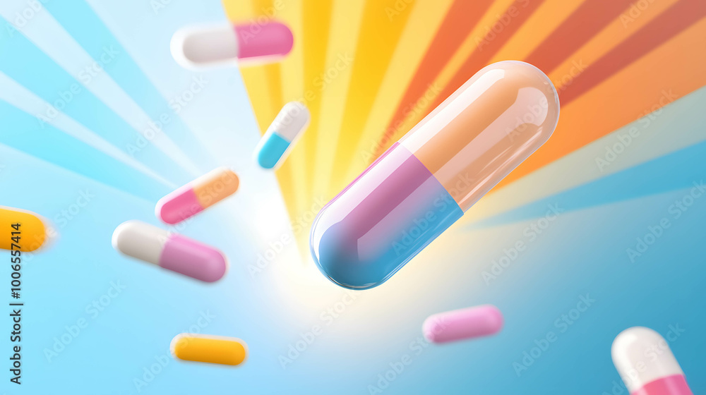 Illustration of a capsule pill in the center of the image. Surrounded by a sunburst ray. copy space for text. Illustration of a capsule pill in the center of the image. Surrounded by a sunburst ray. copy space for text.