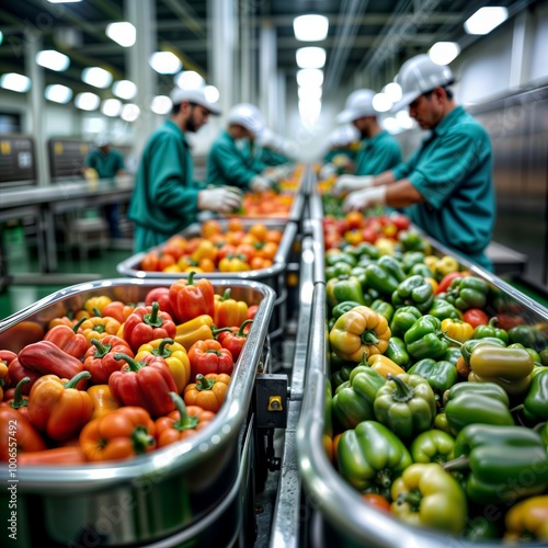 Vegetable production line. Workers in green uniforms sorting and packaging fresh bell peppers on a conveyor belt in an industrial factory setting.