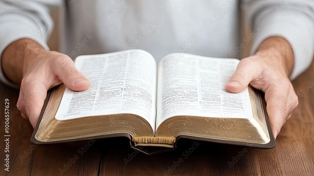 Hands gently clasped over an open Bible on a table, accompanied by a cup, conveying a moment of reflection and tranquility in soft, natural light Hands gently clasped over an open Bible on a table, accompanied by a cup, conveying a moment of reflection and tranquility in soft, natural light
