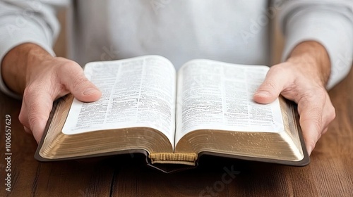 Hands gently clasped over an open Bible on a table, accompanied by a cup, conveying a moment of reflection and tranquility in soft, natural light