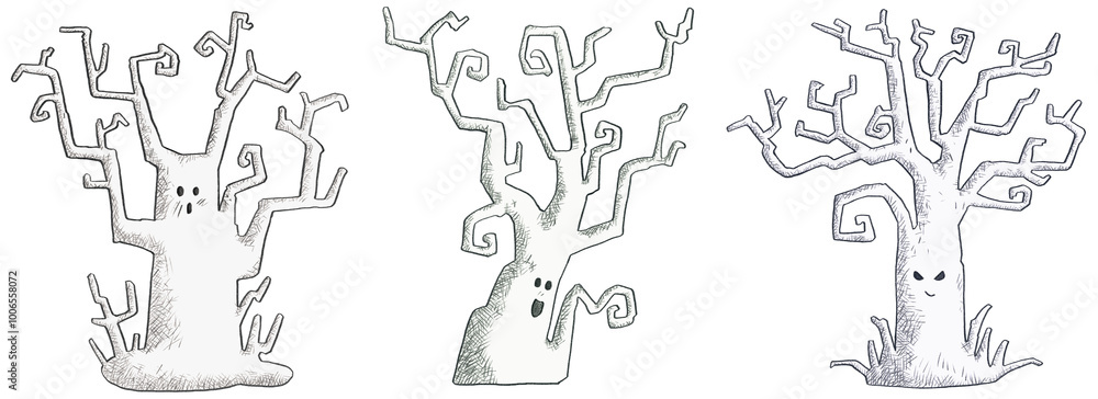 Halloween tree , cute and scary monster tree , drawing illustration . Transparent background . Halloween tree , cute and scary monster tree , drawing illustration . Transparent background .
