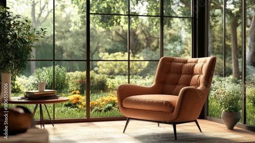 Computer-generated image of a modern armchair in a stylish living room, with clear windows framing a picturesque outdoor setting