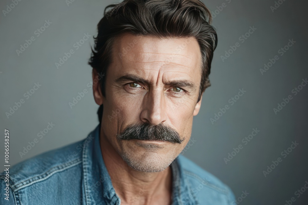 Serious Man in Stylish Attire with Mustache Portrait Serious Man in Stylish Attire with Mustache Portrait