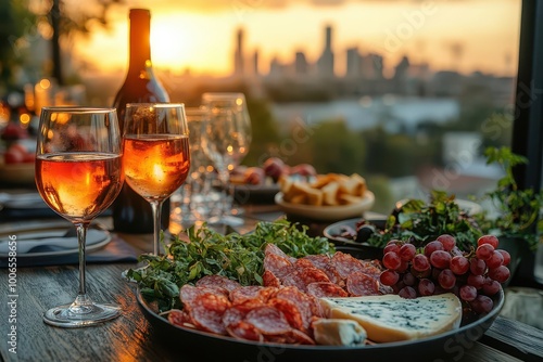 people enjoying fine cheese and wine at a rooftop restaurant during sunset with a breathtaking view of the skyline epitomizing a chic and vibrant dining experience