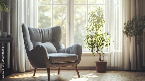 Computer-generated image of a trendy armchair in a stylish living room, with clear windows enhancing the bright and airy atmosphere