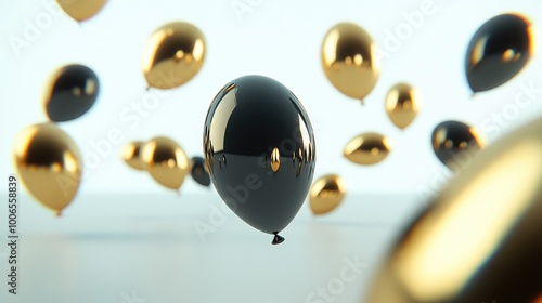 A stunning arrangement of black and gold balloons with confetti against a dark background for an elegant celebration moment