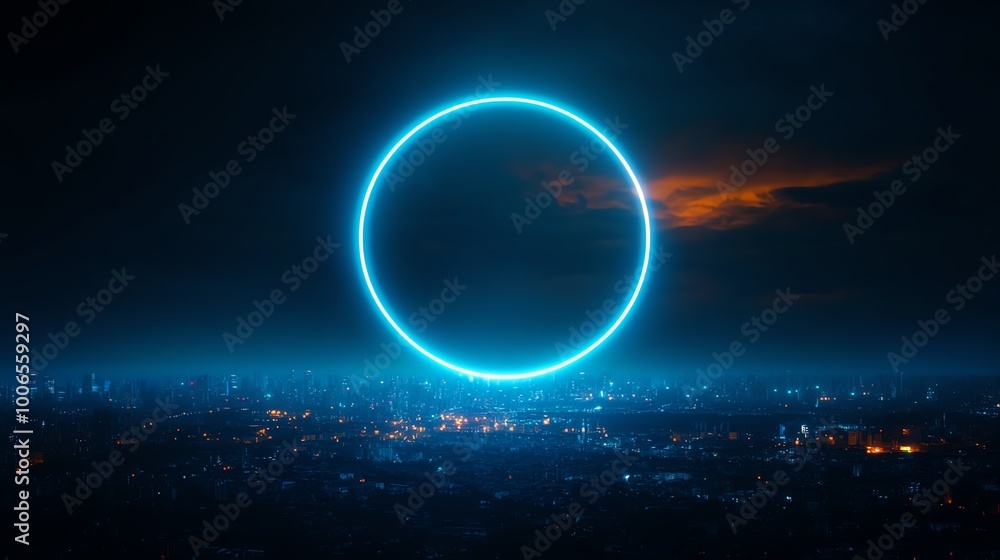 Blue circle symbol glowing in a dark cityscape, World Diabetes Day Symbol, global awareness and hope Blue circle symbol glowing in a dark cityscape, World Diabetes Day Symbol, global awareness and hope