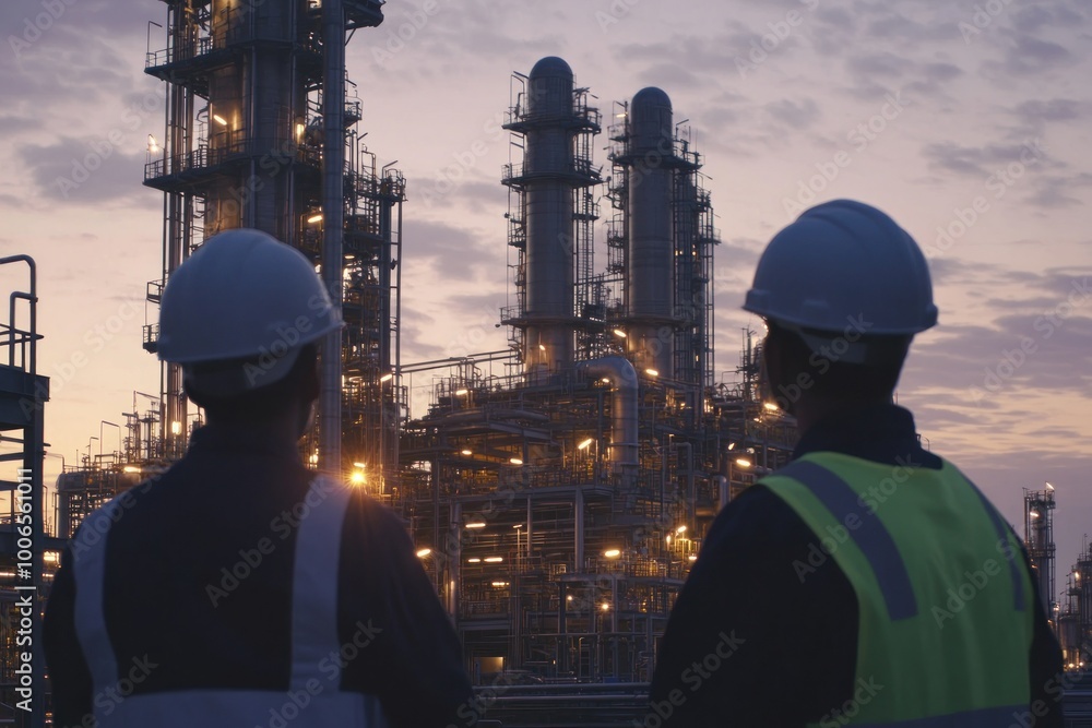 Two Industrial Workers Observe Factory at Sunset Two Industrial Workers Observe Factory at Sunset
