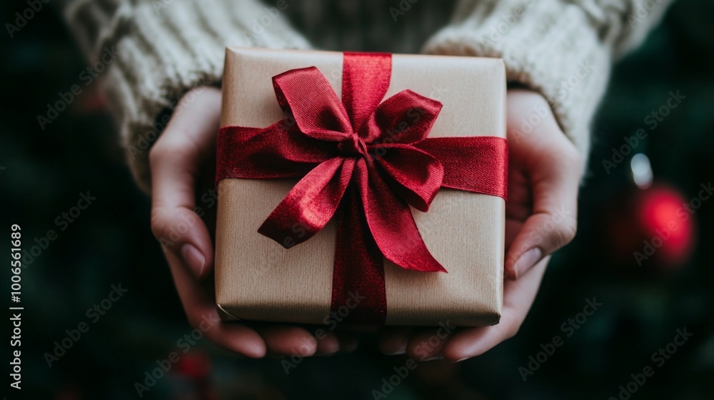 A beautifully wrapped gift held in hands, adorned with a red ribbon, against a festive background.
A beautifully wrapped gift held in hands, adorned with a red ribbon, against a festive background.